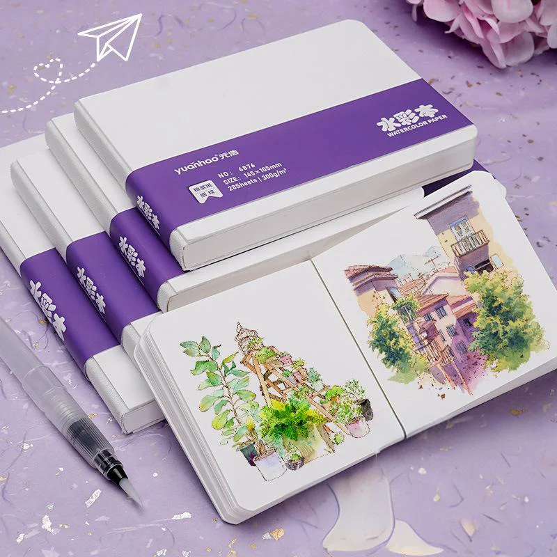 Libro de pintura de papel de acuarela, papel grueso GSM300g, libro de bolsillo portátil cuadrado, boceto, libro de dibujo de acuarela de pulpa de algodón 50%