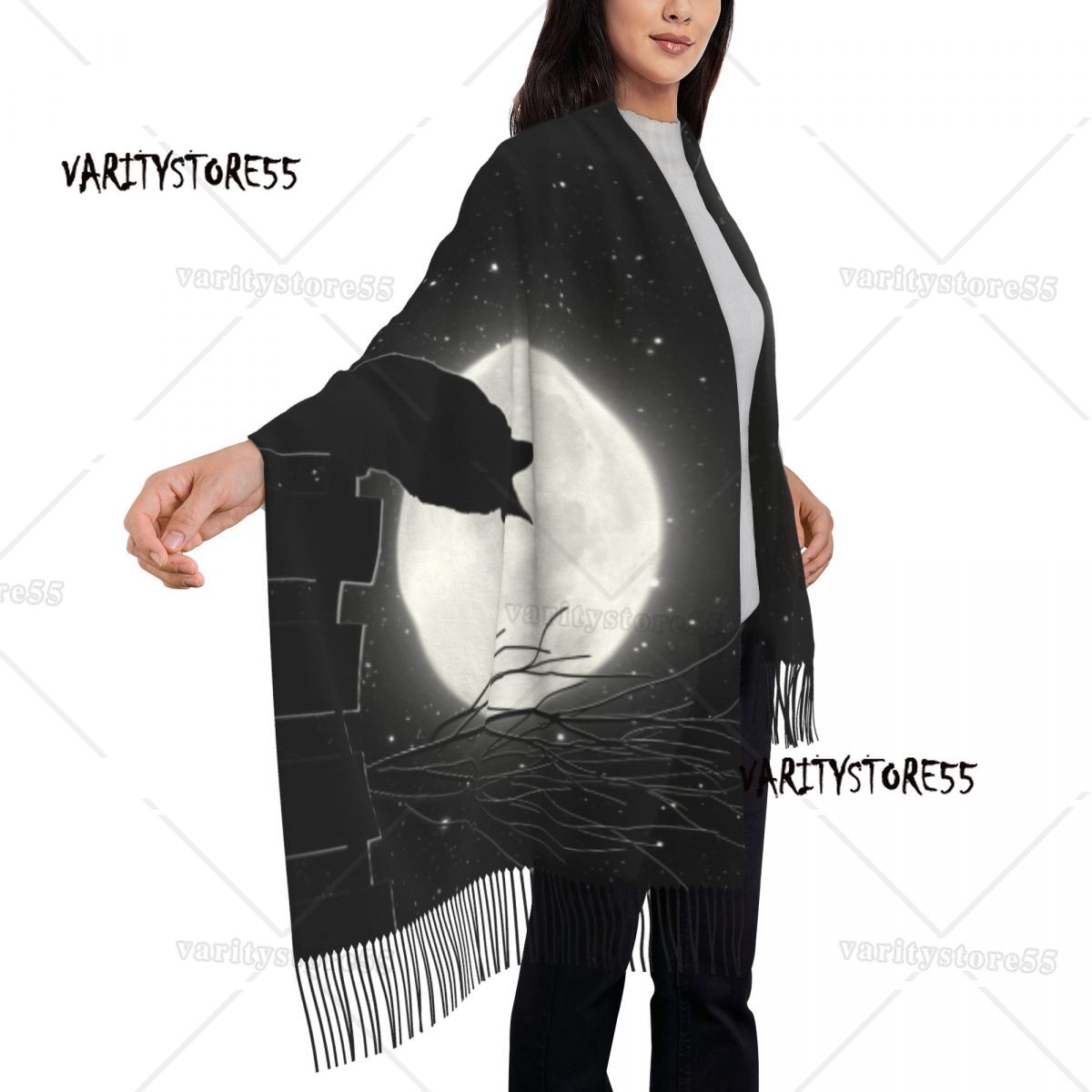 Gatto nero che guarda la luna piena sciarpa avvolgere le donne lungo inverno caldo nappa scialle Unisex animale cartone animato sciarpe