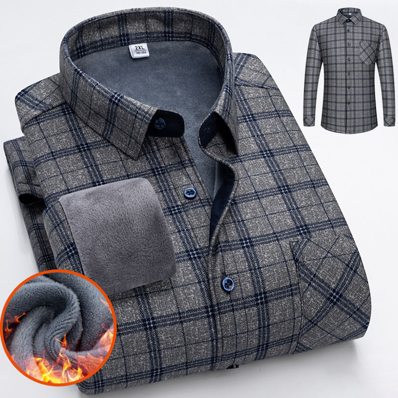 Camisas gruesas de lana para hombre, camisa a cuadros de negocios, ropa cálida de manga larga, camisa clásica a cuadros con un solo bolsillo para otoño e invierno