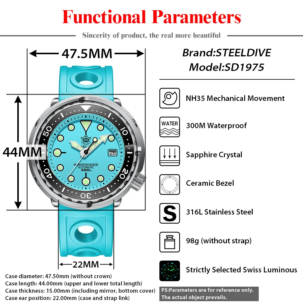 STEELDIVE SD1975 relojes automáticos para hombre, reloj de buceo para hombre, reloj de pulsera mecánico resistente al agua de 300m, reloj luminoso C3, espejo de zafiro