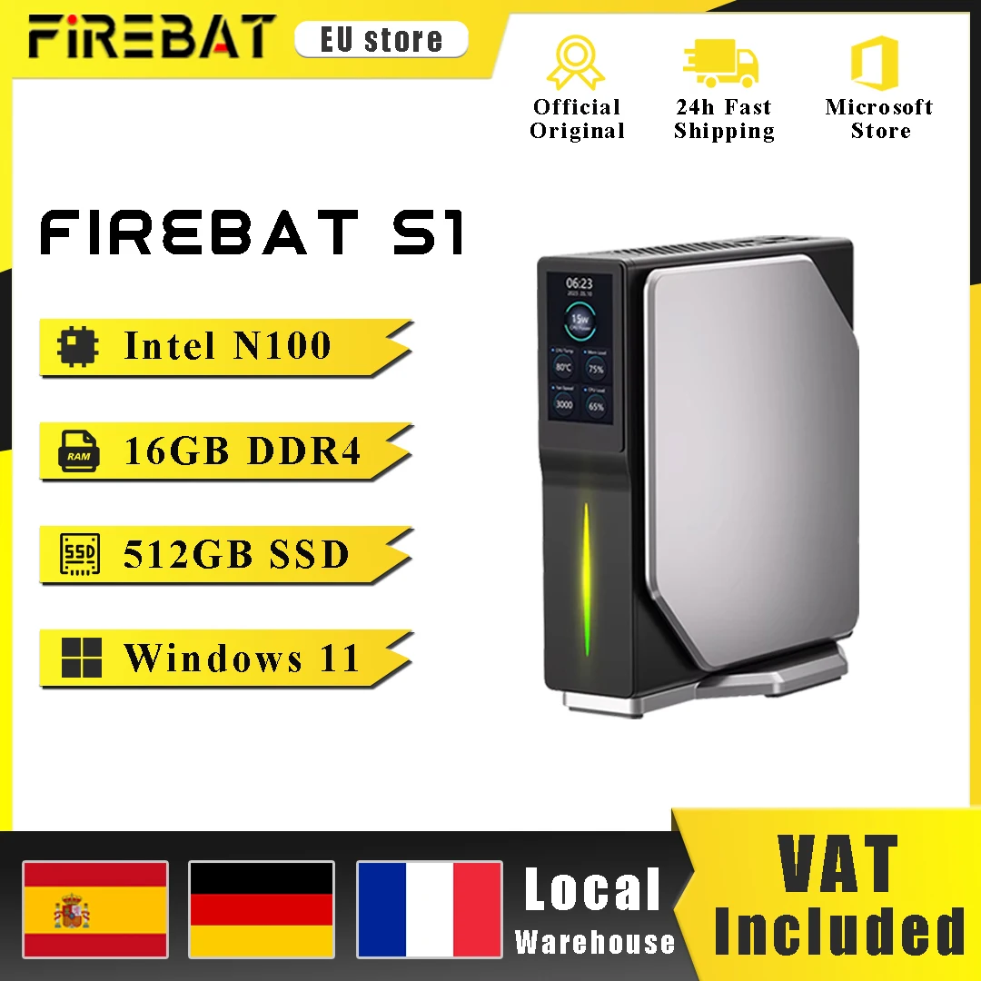 FIREBAT S1 Mini PC Windows 11 Intel Alder Lake N100 N150 DDR4 16GB RAM 512GB SSD BT4.2 Dual HDMI Desktop Schermo dati del computer