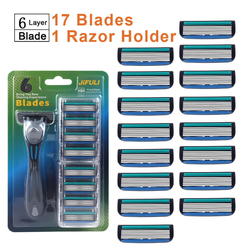 1 Handle + 12 / 17 Blades/ Men Women Manual Safety razor 6-Layer Stainless Steel Hair Removal Shaving Replaceable Shaver Head