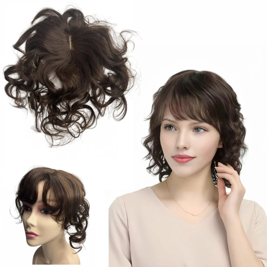 35cm Body Wave Doczepiane Włosy Naturalne dla Kobiet z Grzywką Kręcone Topper Klipsy Przedłużanie Włosów Maskujące Cienkie Włosy i Szwy