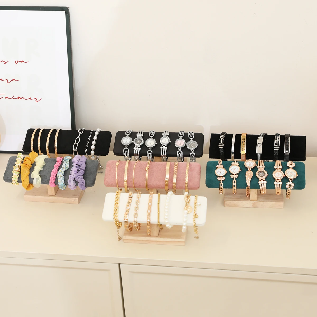 1pc Holz Basis T-Förmigen PU Leder/Samt Armband Display Rack Armreif Uhr Haarband Schmuck Lagerung Ständer halter Organizer
