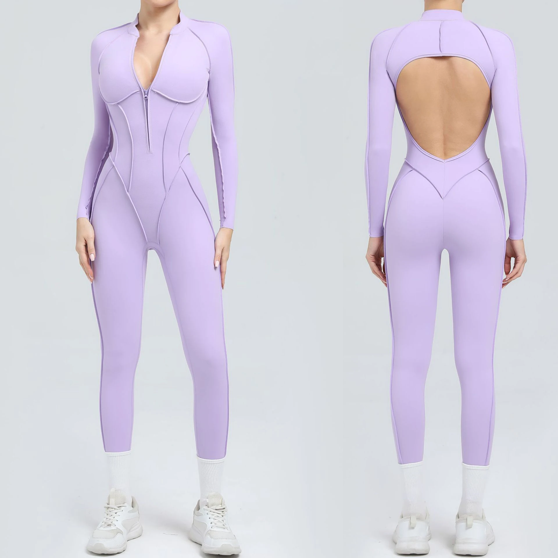 2025 macacão de yoga feminino de uma peça leggings zíper náilon manga comprida sexy sem costas magro ajuste roupa esportiva com almofada no peito