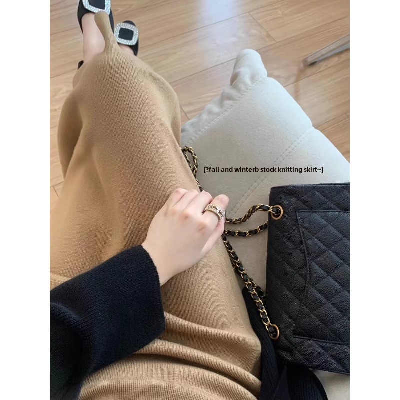 Soft Camere Knee-Length Women's Skirt High Waist A-Line Knitted Dr Korean Sle Commute Pure Color Mid-Length Skirt