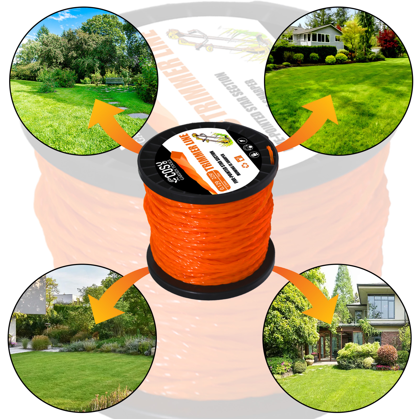 COSY2.0/2.4/2.7/3.3/4.0mm Spiral Grass Cut Strimmer Line Graphite Filling Cord Nylon String Lawn Mower Orange Twisted Shape Line