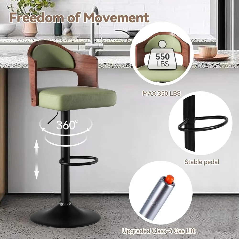 Swivel Bar Stools Set of 4 Seat Adjustable Height 24.5-33.5IN, Wooden Barstools PU Leather Upholstered Bar Chairs with Back & Fo