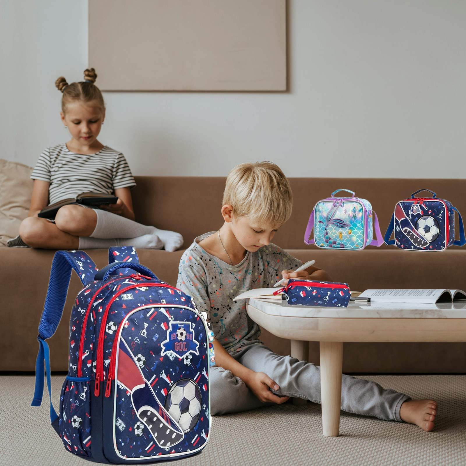 School Bookbag for Boy Football Pattern Backpack Kids Backpack Waterproof School Bag Mochila Infantil Lunchbox Child Pencil Case