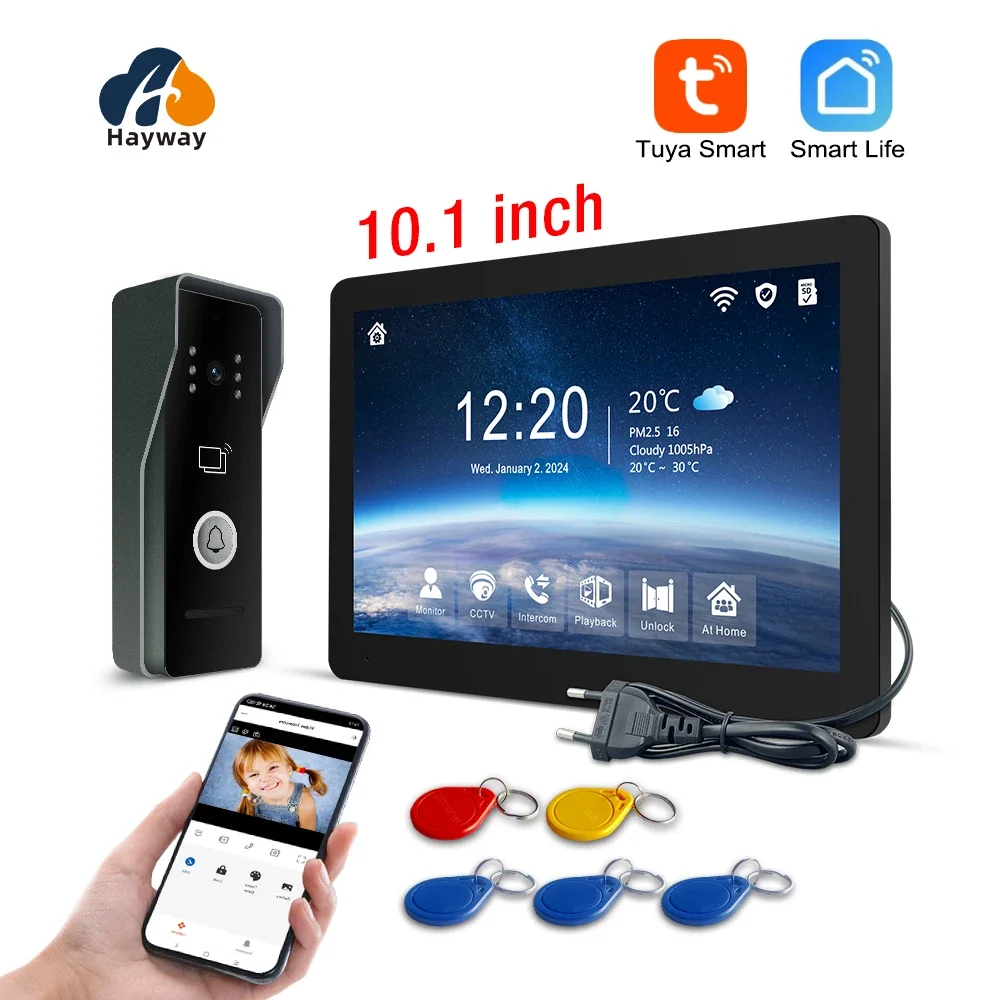 Hayway 10" Tuya WiFI Smart 1080P video-intercomsysteem met mobiele detectie IPS Full Touch Monito ID toegangscontrole ontgrendelen