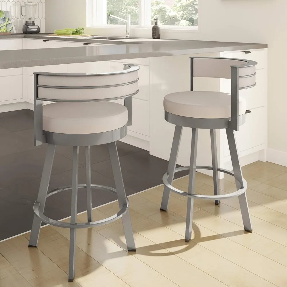 30 inch swivel bar stool with upholstered back, cream faux leather seat and glossy grey metal frame for kitchen island or bar
