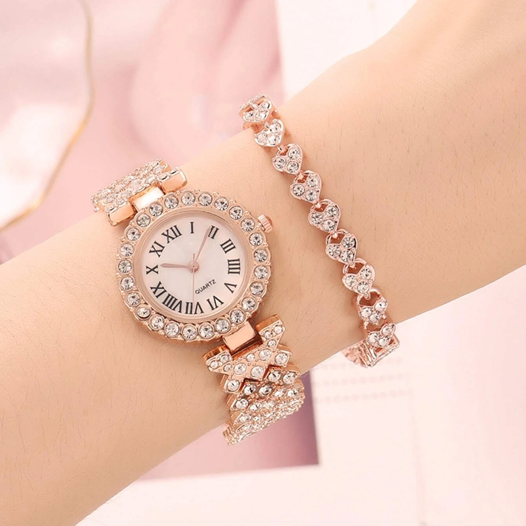 ผู้หญิงหรูหราเงาสร้อยข้อมือนาฬิกา 2 ชิ้นชุด Rose Gold นาฬิกาแฟชั่นผู้หญิง Elegant ควอตซ์เพชรนาฬิกาข้อมือหญิง Reloj Mujer