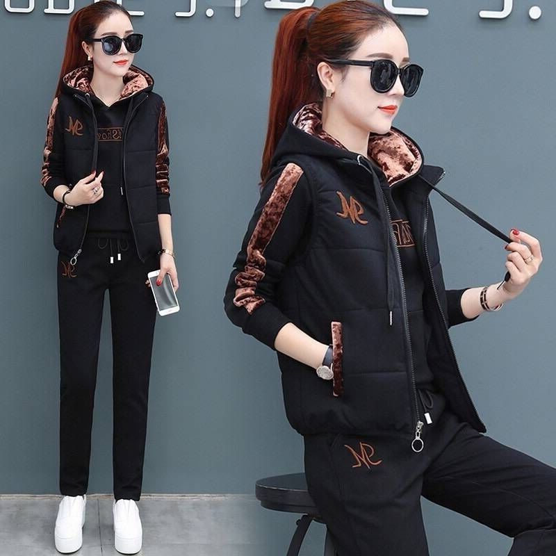 Traje de sudor informal para mujer, Tops con capucha gruesos de felpa a la moda, chaleco, pantalones, conjunto de 3 piezas, otoño e invierno, 2022