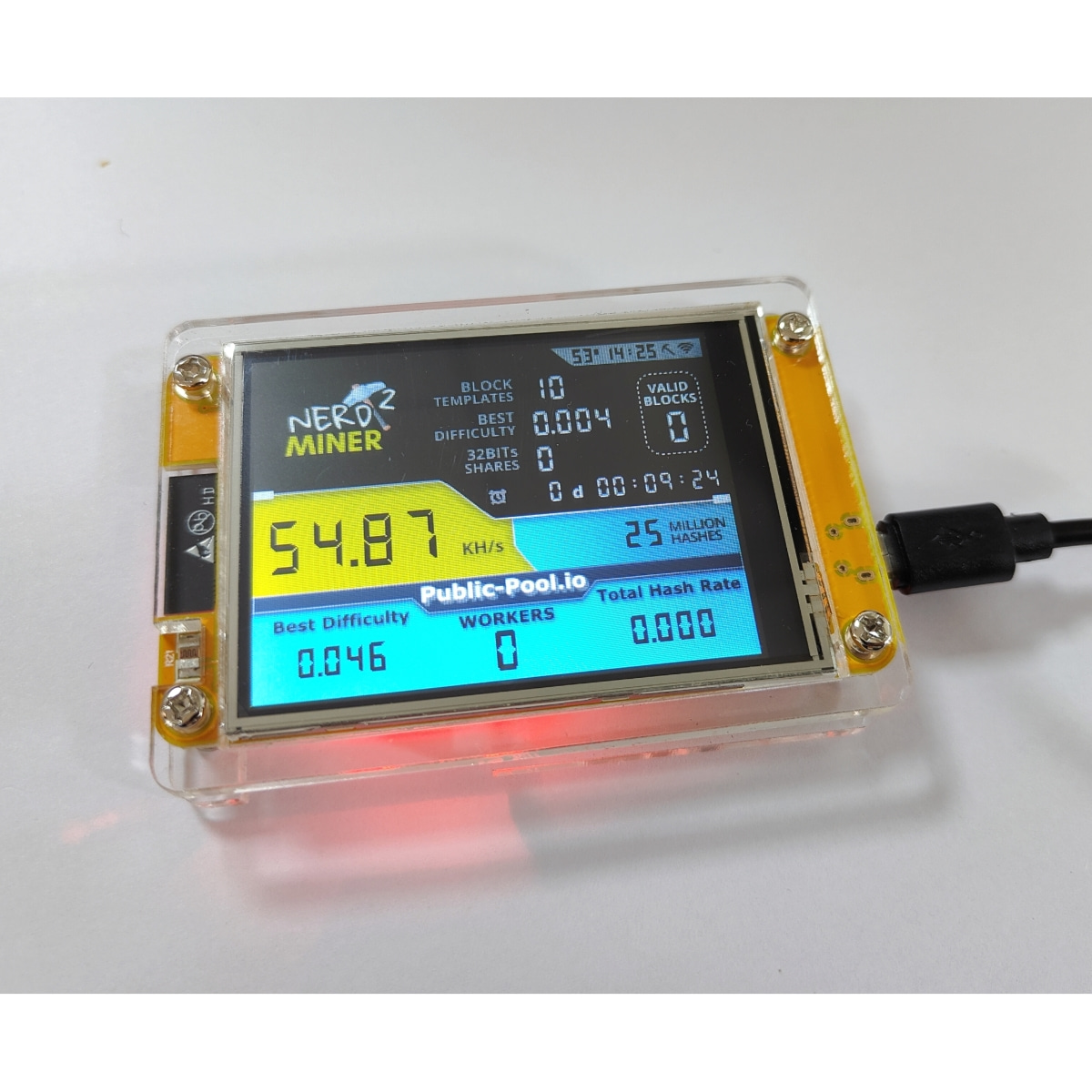 NerdMiner V2 Hashrate, Pantalla Inteligente, Crypto Solo, Lotería, Nerd Miner, Bitcoin Miner ESP32-2432S028R, 49 k/S, 2,8 pulgadas