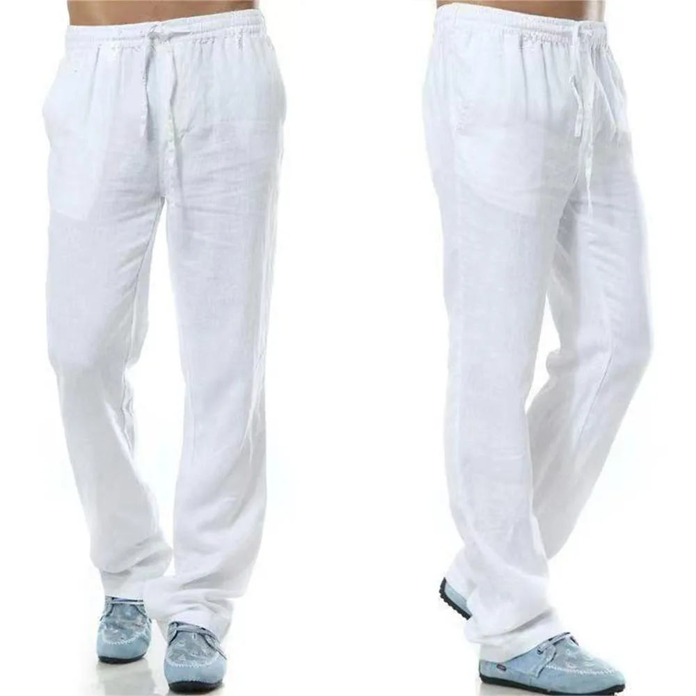 Männer Baumwolle Leinen Hosen Männlichen Herbst Neue Atmungsaktive Einfarbig Leinen Hosen Fitness Streetwear Zurück Mit Tasche
