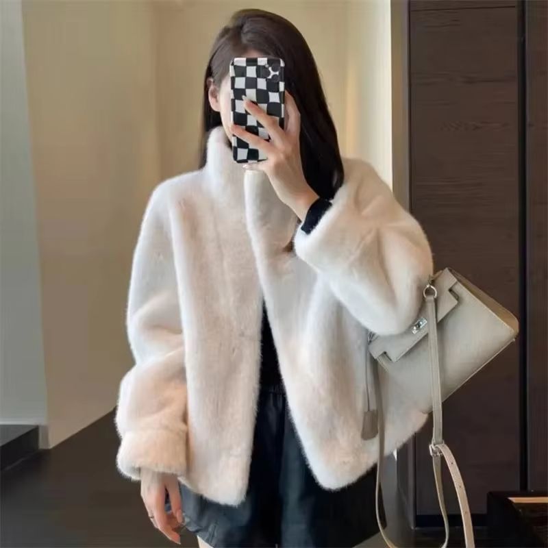 Fourrure de vison une pièce col montant manteau de fourrure pour les jeunes femmes vison court 2025 hiver femme couleur unie écologique manteau de fourrure ample