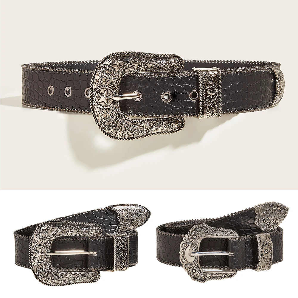 Cinturón gótico de Pu para mujer, correa de cintura con hebilla de aleación, diseño de lujo, patrón de piedra, accesorio Y2k