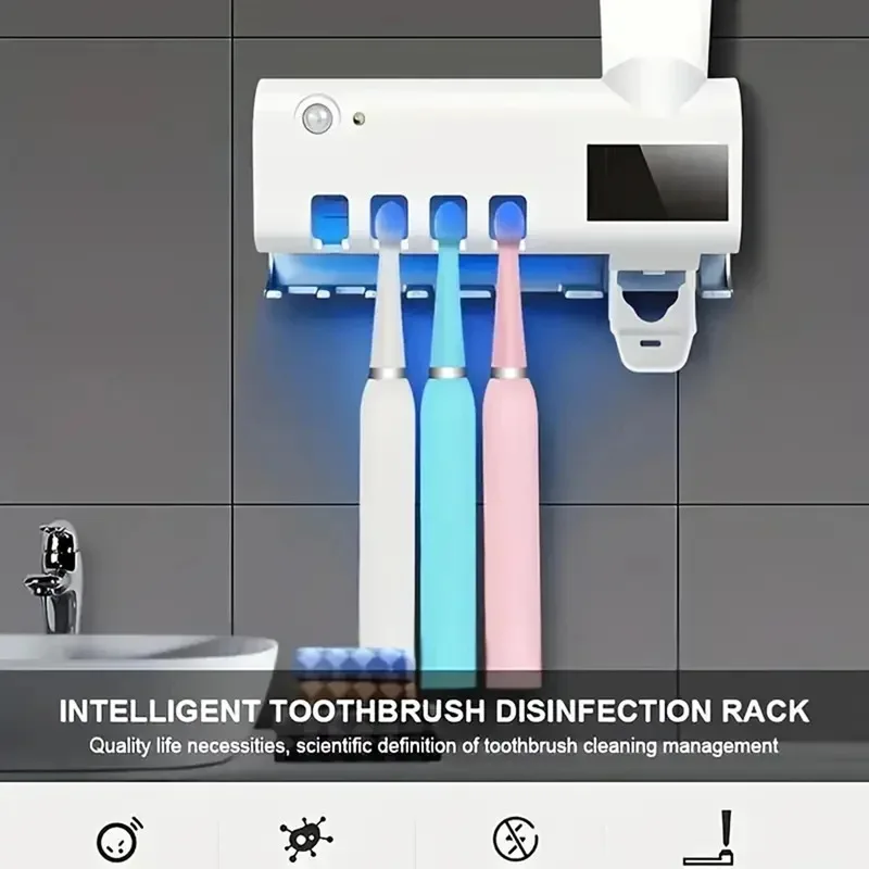 An der Wand montierter UV-Desinfektions-Zahnbürstenhalter mit automatischem Zahnpastaspender und Quetschset zum Schutz der Mundhygiene