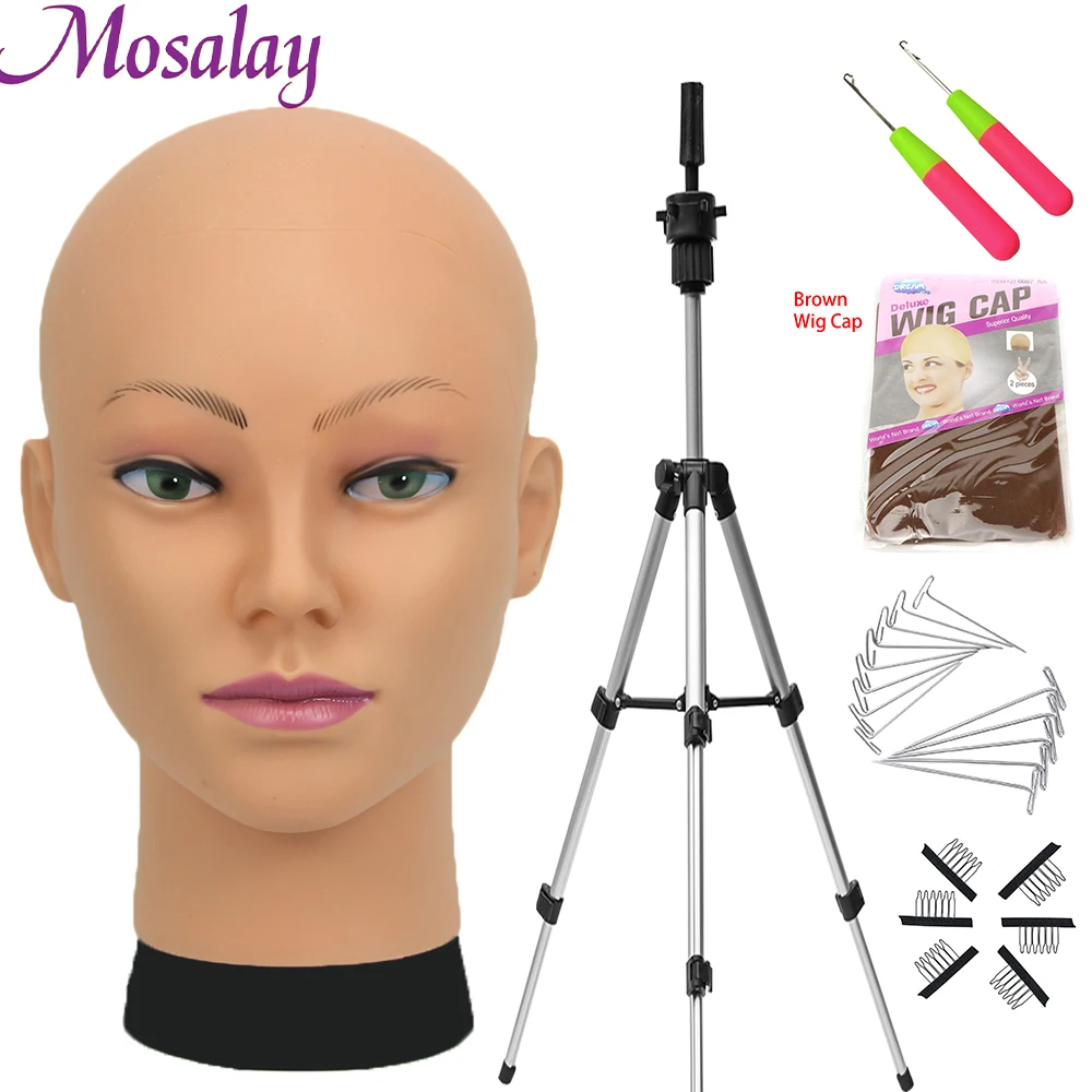 Manequim Cabeça Peruca Stand com Peruca Ajustável Tripé, Suporte para Fazer Perucas, Display com T Pins, Peruca Cap, Free Gift, Novo