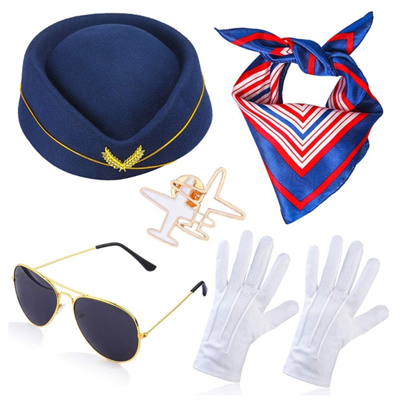 Gorro azafata, disfraz azafata, broche avión, Pin, bufanda para cuello, guantes azafata, accesorios para azafata,