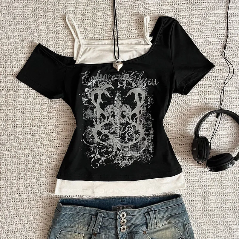 Camiseta Punk Vintage de los años 90 para mujer, ropa de calle sexi de manga corta, Top corto gótico ajustado, camiseta informal de Hotgirl para mujer, camiseta Harajuku Y2k
