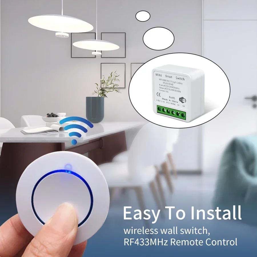 16a tuya wifi interruptor inteligente 16a rf 433mhz receptor de relé sem fio mini interruptor painel redondo controle voz alexa google casa alice