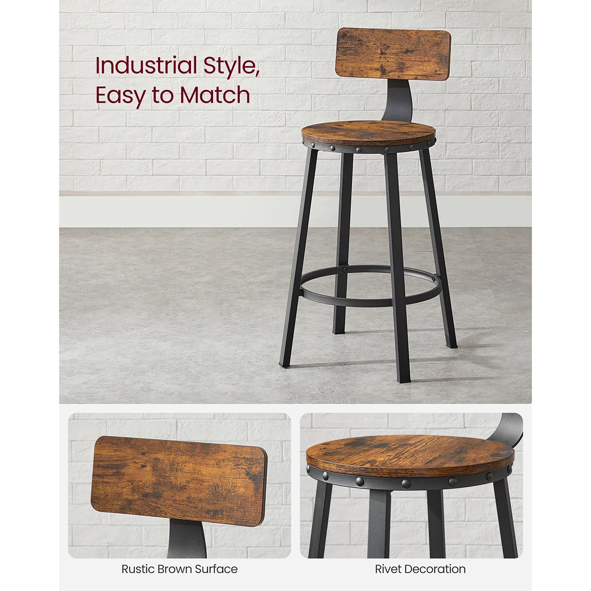 VASAGLE Bar Stools Set of 2, Kitchen Breakfast Bar Chairs, with Backrest, Steel Frame, 62.5 cm Tall Seat, Easy Assembly