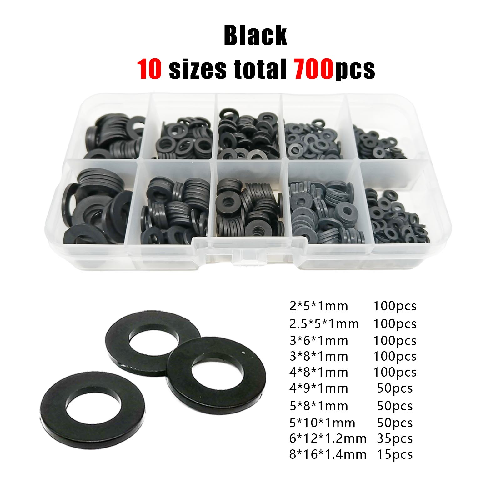 1150/700/500 Stück verpackte flache Unterlegscheibe aus Kunststoff und Nylon, einfacher Abstandshalter, Isolierdichtungsring, Sortimentsset, M2, M2,5, M3, M4, M5, M6, M8, M10