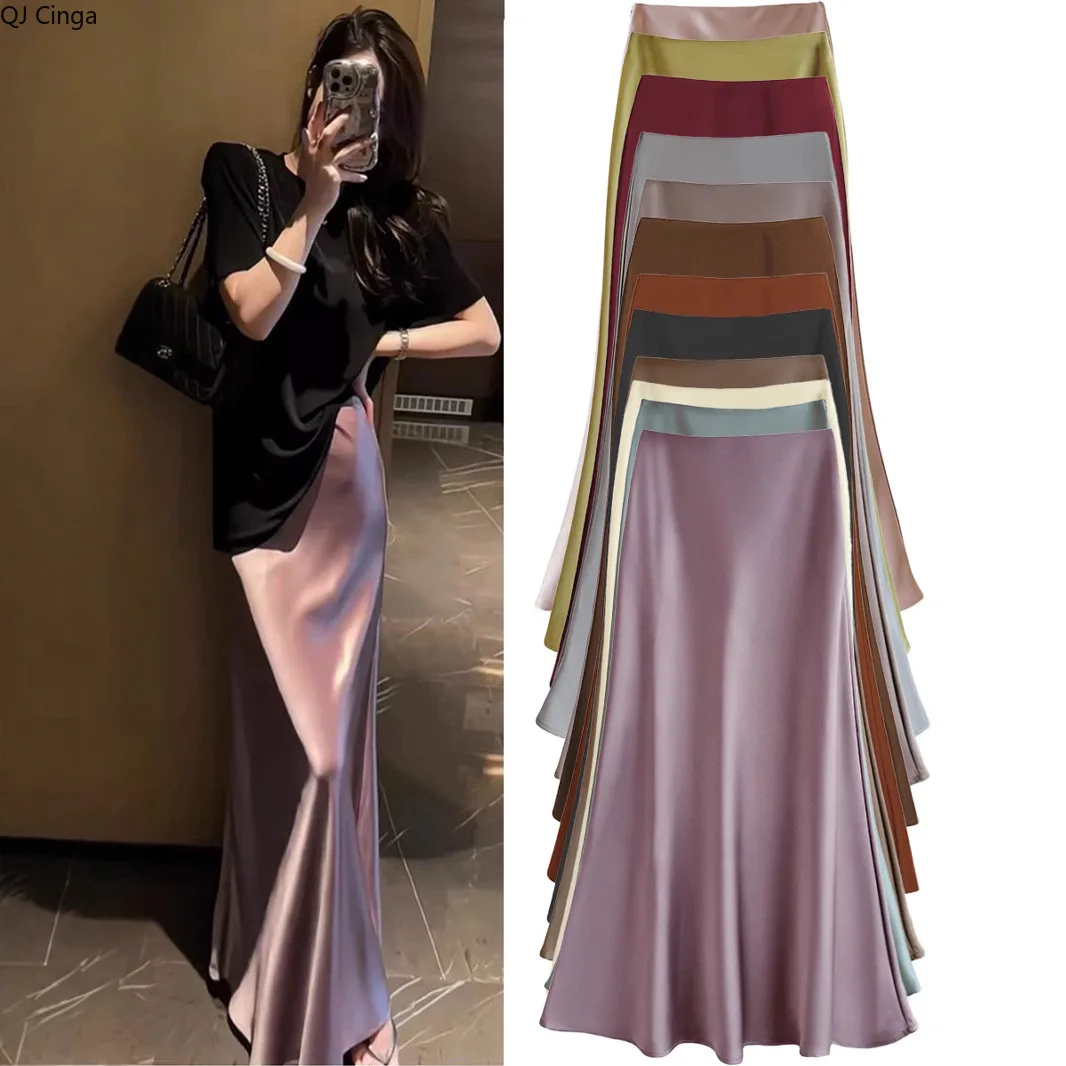 Falda elegante de estilo francés para mujer, falda fluida de satén con ácido acético, cintura alta, abrazando la cadera, para primavera/verano, falda acampanada con cola de pesca