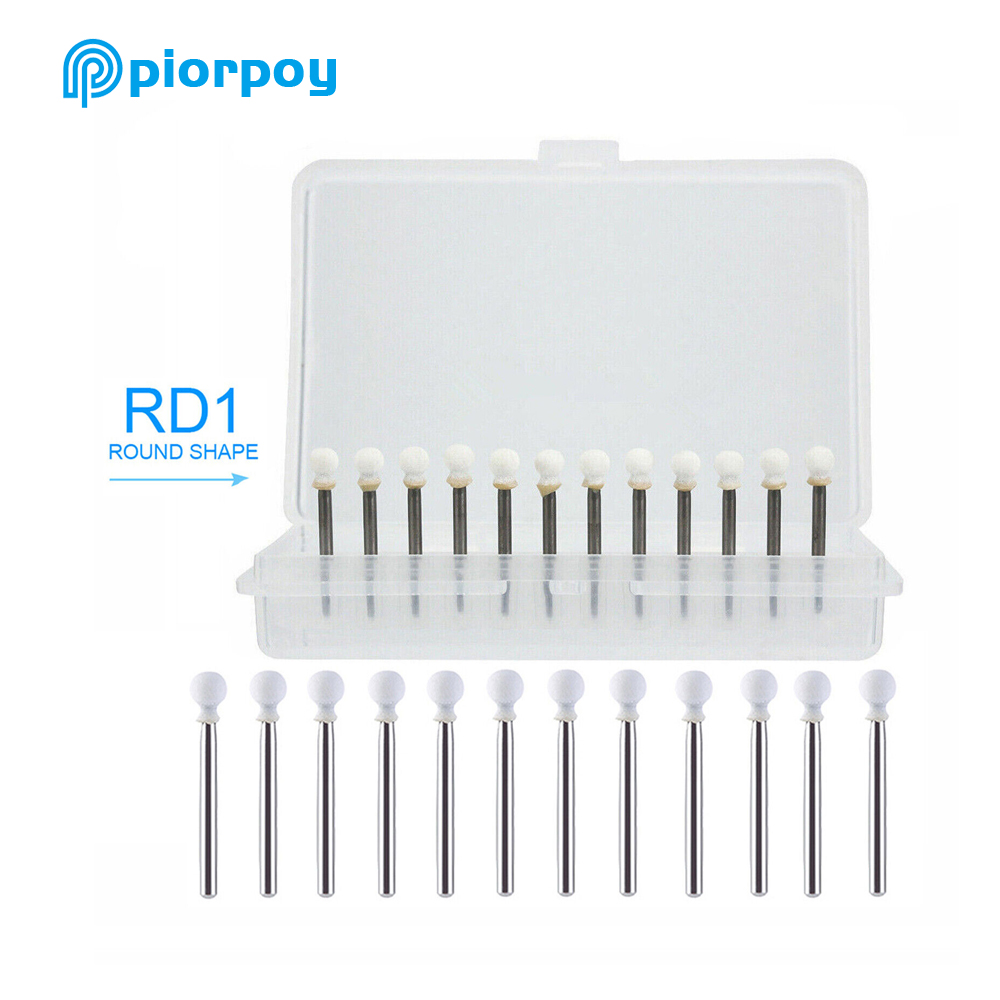 PIORPOY 12 Pcs/Box Dental Polishing Stone White Dentistry Tools Flame Cone Round Shape Porcelain Resin For Handpiece Burs FG
