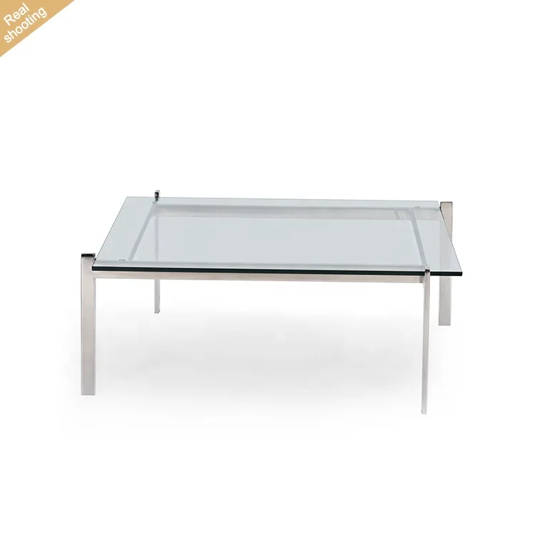 Clássico italiano minimalista sala de estar quadrado vidro temperado mesa centro aço inoxidável