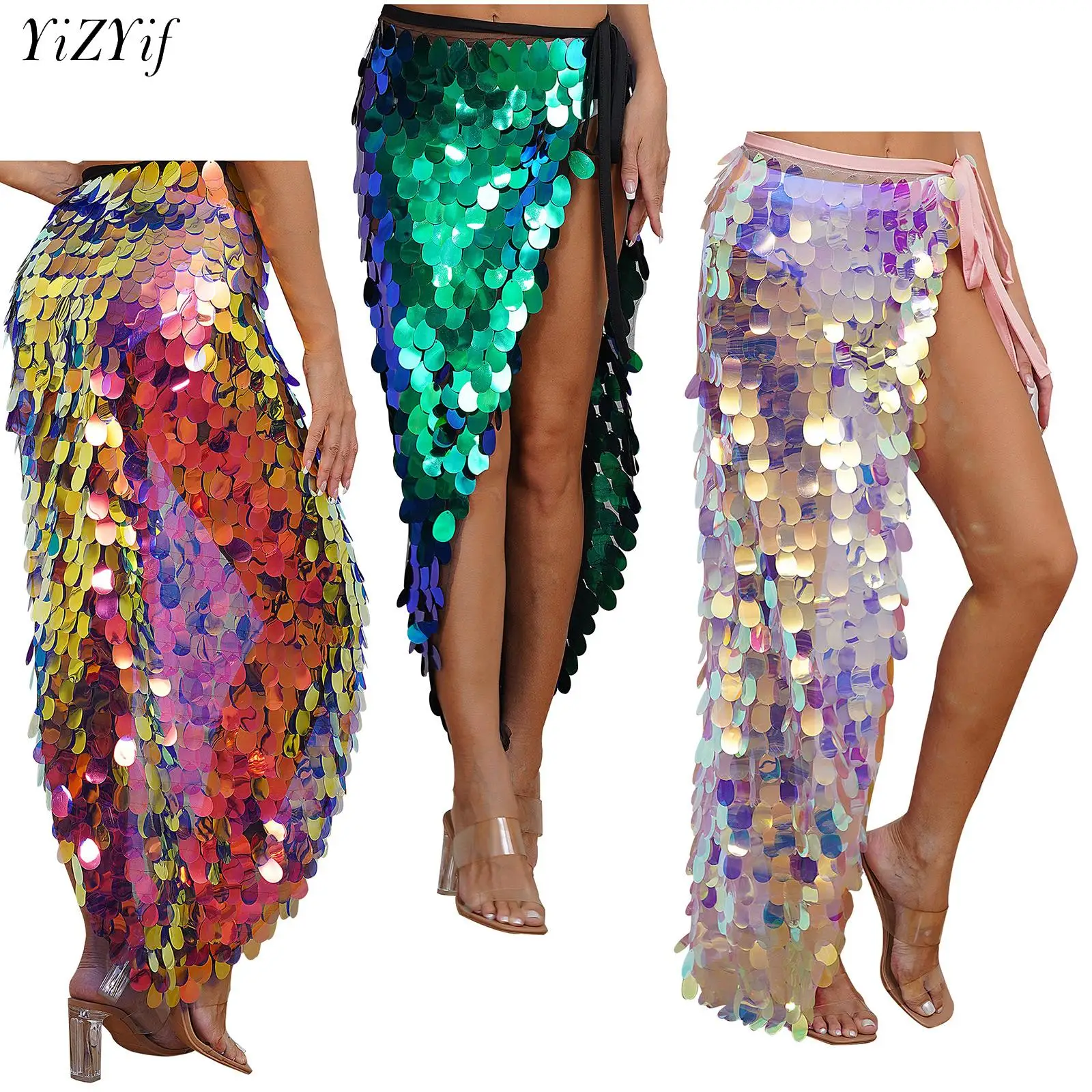 Falda de baile de lentejuelas para mujer, bufanda de cadera de sirena con cordones, falda larga de danza del vientre, trajes de espectáculo escénico de baile para Festival