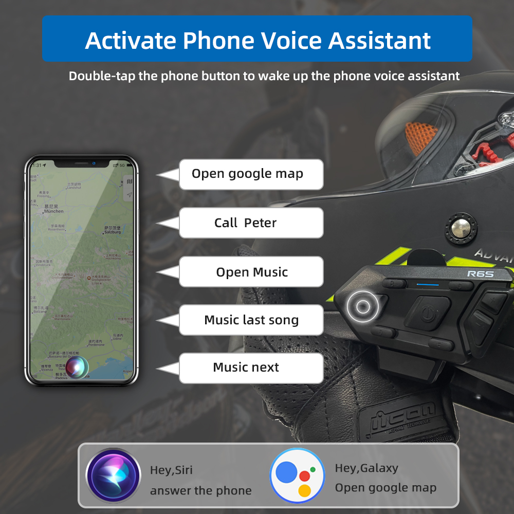 WAYXIN 6 Fahrer Helm Headset Motorrad Intercom Wasserdicht Bluetooth 5.0 DSP Rauschunterdrückung Kommunikation MP3 GPS 1200 m R6s