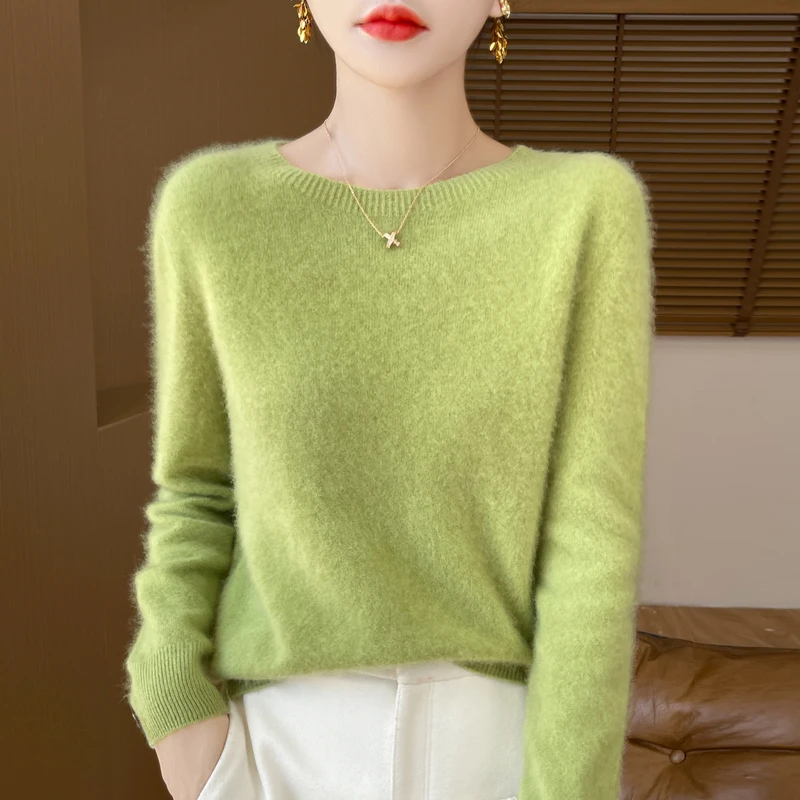 เสื้อสเวตเตอร์100% Merino สีพื้น, เสื้อสเวตเตอร์ถักคอกลมแขนยาวให้ความอบอุ่นทรงหลวมสีพื้นใหม่สำหรับฤดูใบไม้ร่วงและฤดูหนาว