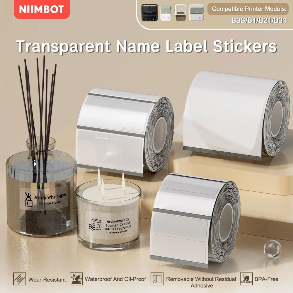 NIIMBOT B21/B1/B3s прозрачная бумага для печати этикеток, наклейка с именем, водостойкая круглая/квадратная термобумага для этикеток