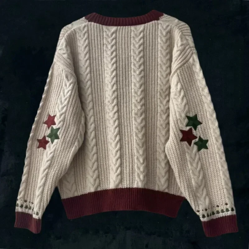 Árvore de natal feminino cardigan outono inverno malha cardigans com estrela bordado férias camisola folclore topos presente de natal