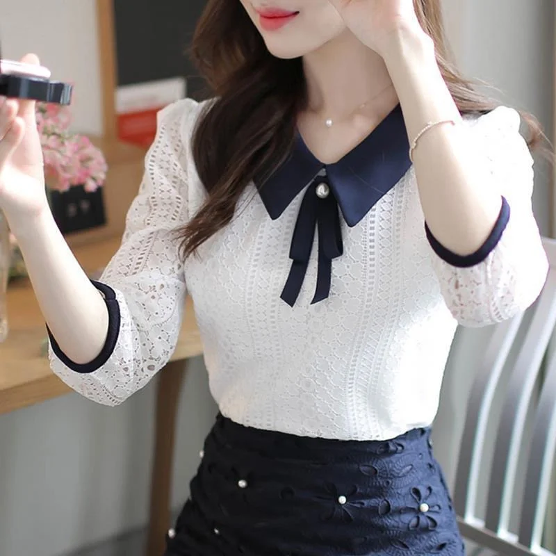 Frauen Frühling Herbst Stil Spitze Blusen Hemd Frauen Peter Pan Kragen Einfarbig Halbe Hülse Elegante Spitze Tops SP8676
