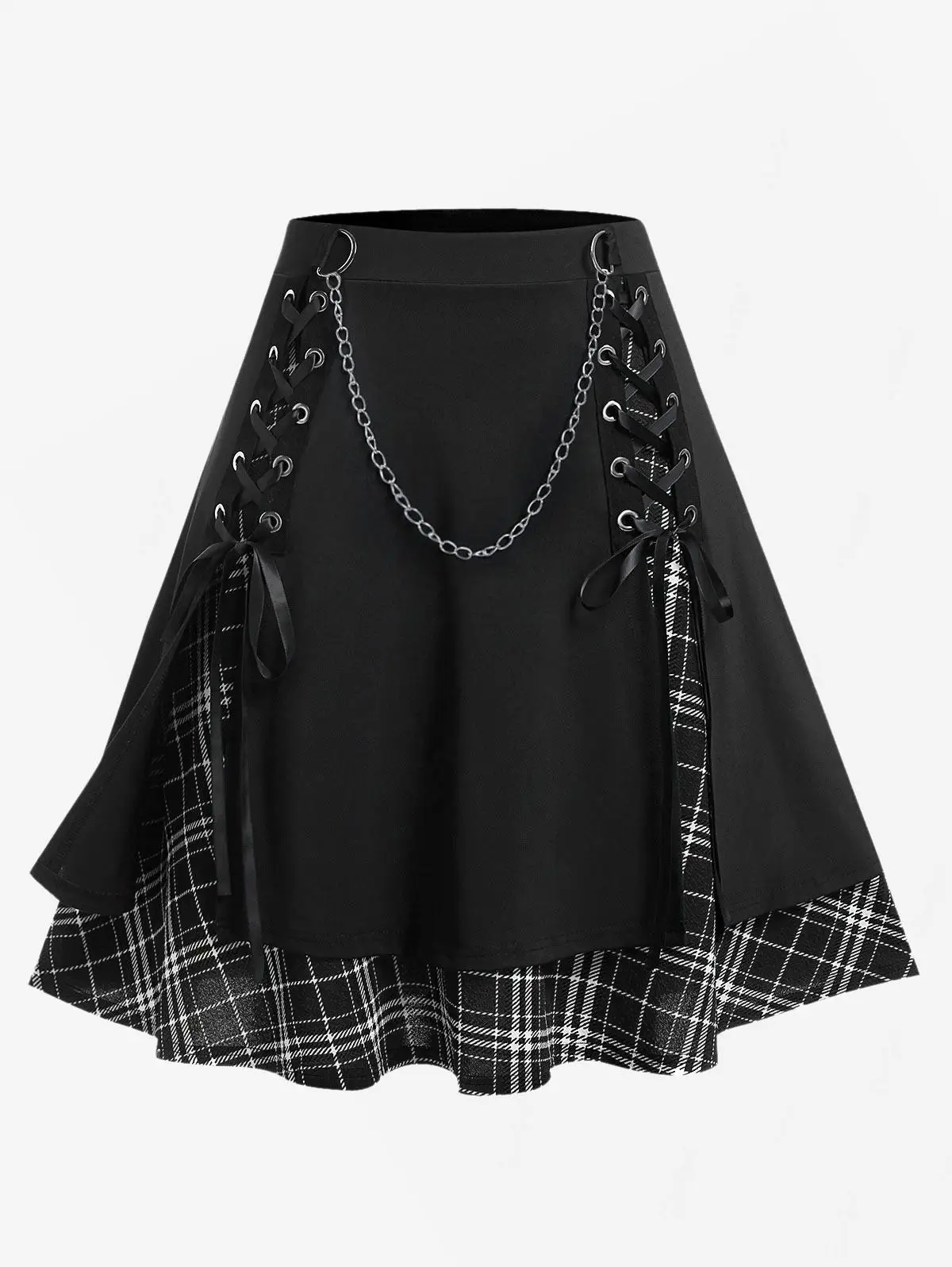 ROSEGAL Plus Size Damen-Gothic-Rock, lässig, einfarbig, Kettendetail, hohe Taille, Nähte, kariert, plissiert, mehrlagig, Schnürröcke, 5XL