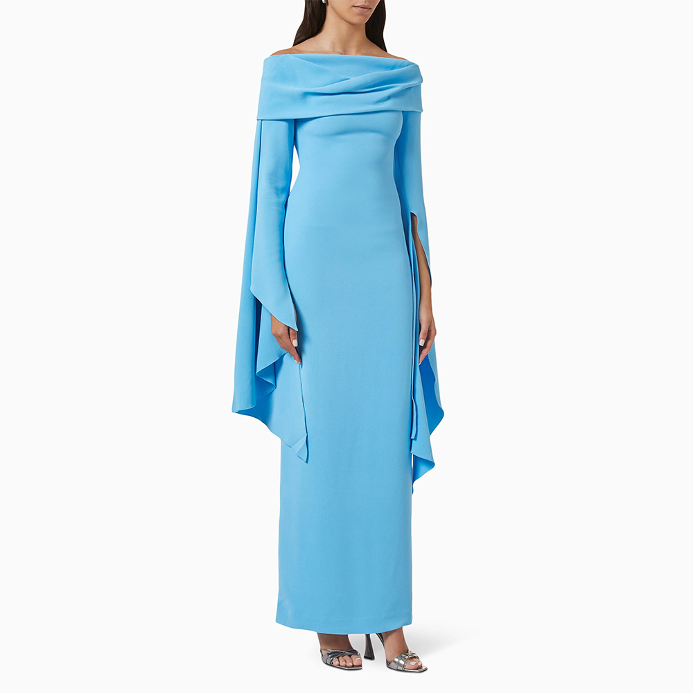 Elegant Women's Evening Dress Baby Blue Off the Shoulder Column Evening Gowns Maxi Long Sleeves Sheath Formal Party Dress 2024