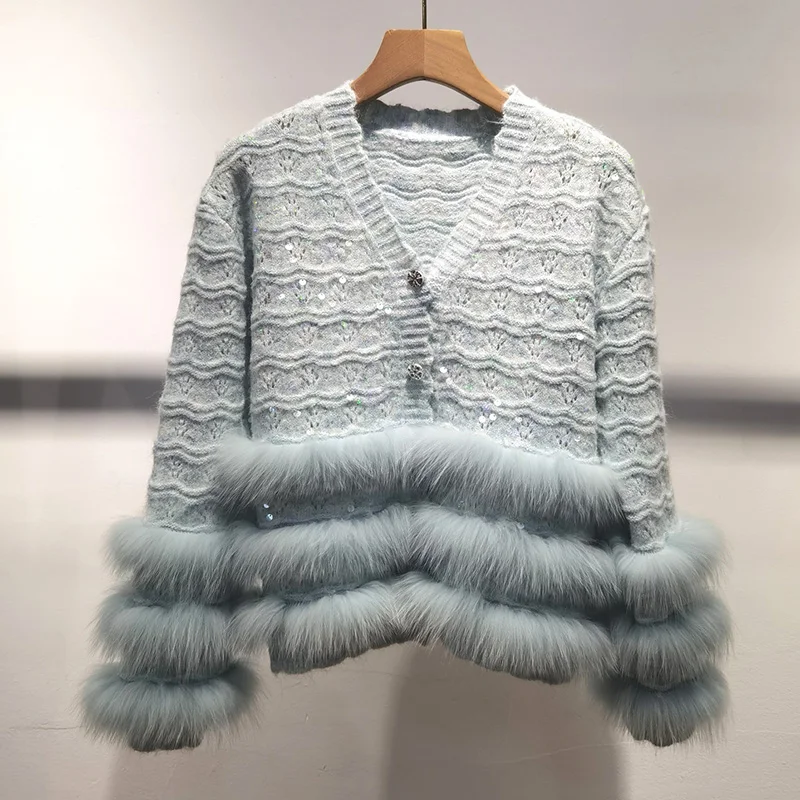 2024 neues Design Herbst gestrickte Strickjacken mit echtem Fuchs pelz Streifen V-Ausschnitt Echtpelz besatz Pullover