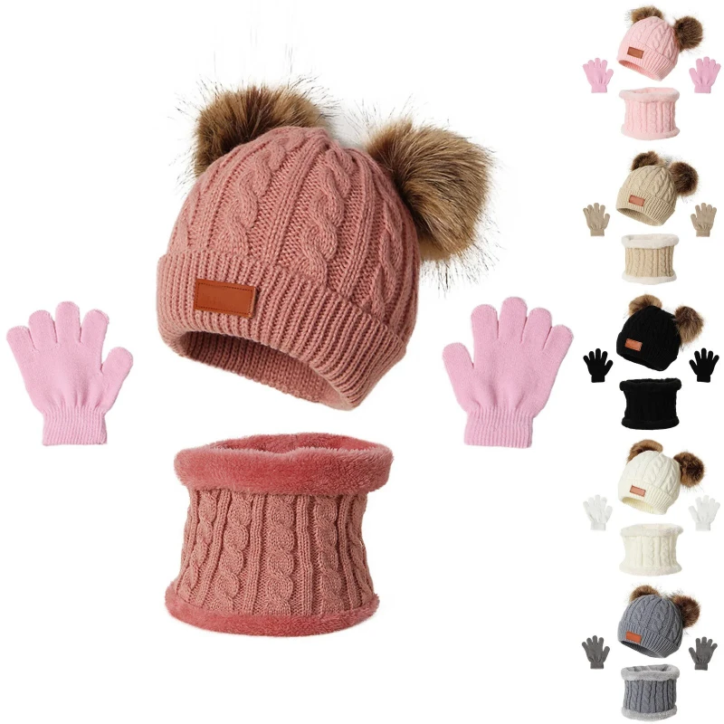 3 uds 2025 nuevo invierno niños pequeños cálido tejido pompón sombrero invierno sólido gorra bufanda guante niño invierno cálido conjunto regalos para niños