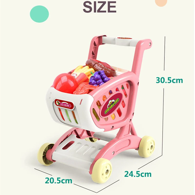 Conjunto de brinquedos educativos para crianças, carrinho de compras de supermercado com carrinho de corte de comida, frutas, jogo simulado, 15 peças de simulação para meninas