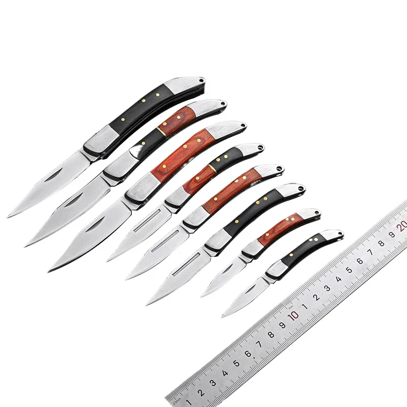 Cuchillo de hoja plegable afilado de acero inoxidable, mango de madera para acampar al aire libre, bolsillo portátil, cuchillos para pelar frutas, herramientas para supervivencia