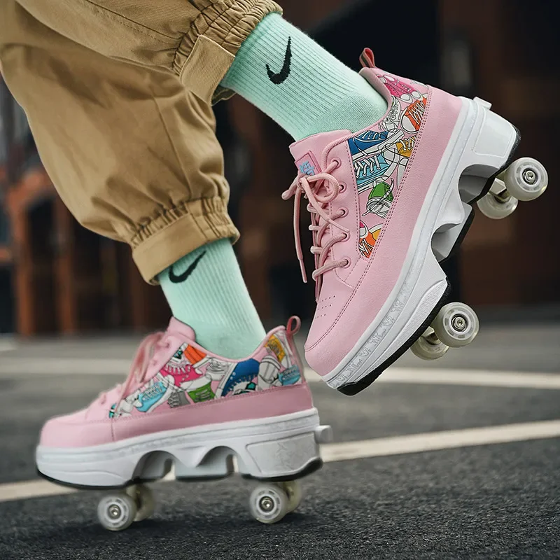Modne buty na rolkach dla kobiet dla dorosłych 4 koła deformacja z kołami buty dla dzieci unisex dziewczęce trampki