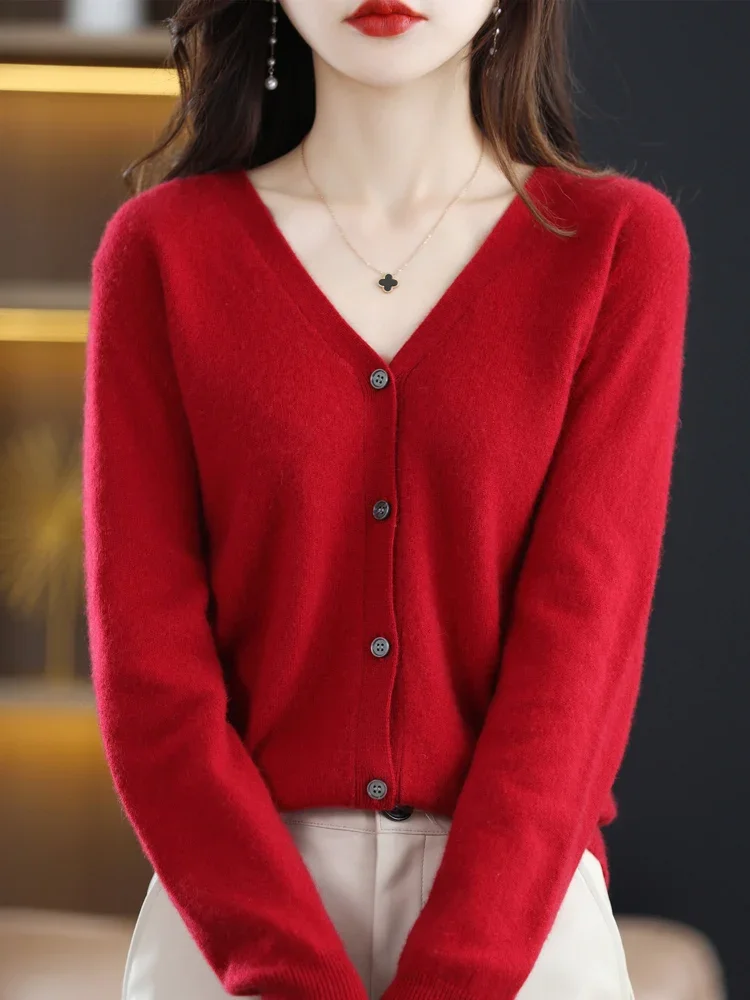 Frauen Strickjacken V-ausschnitt Langarm Gestrickte Oberbekleidung Solide Dünne Frühling Herbst Pullover Strickwaren Koreanische Mode Rote Strickjacken