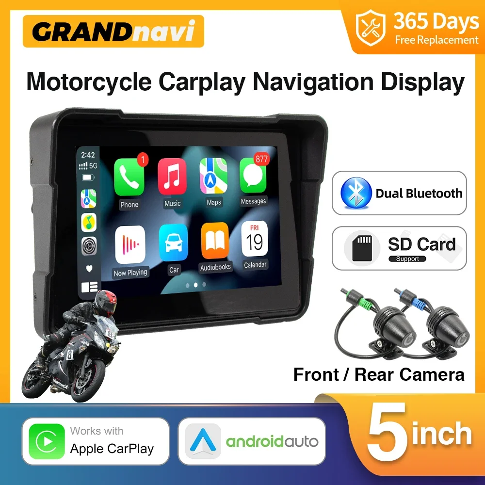 Universal 5 pulgadas motocicleta inalámbrico Apple Carplay Android Auto navegación portátil GPS IPX7 motocicleta pantalla impermeable