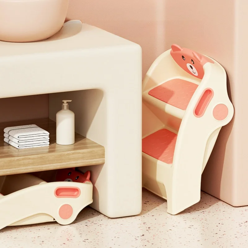 อ่างล้างหน้ารูปหมี2ชั้นสำหรับเด็ก, อ่างล้างมือทำจากพลาสติกใช้ในห้องน้ำที่เหยียบพับได้