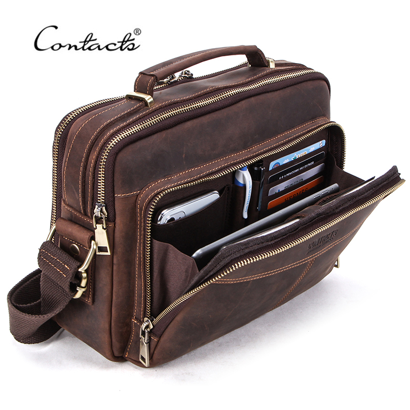 CONTACT'S Crazy Horse Leder Männer Umhängetasche Vintage Mann Umhängetasche Handtaschen Große Kapazität Männlichen Schulter Taschen Bolsos