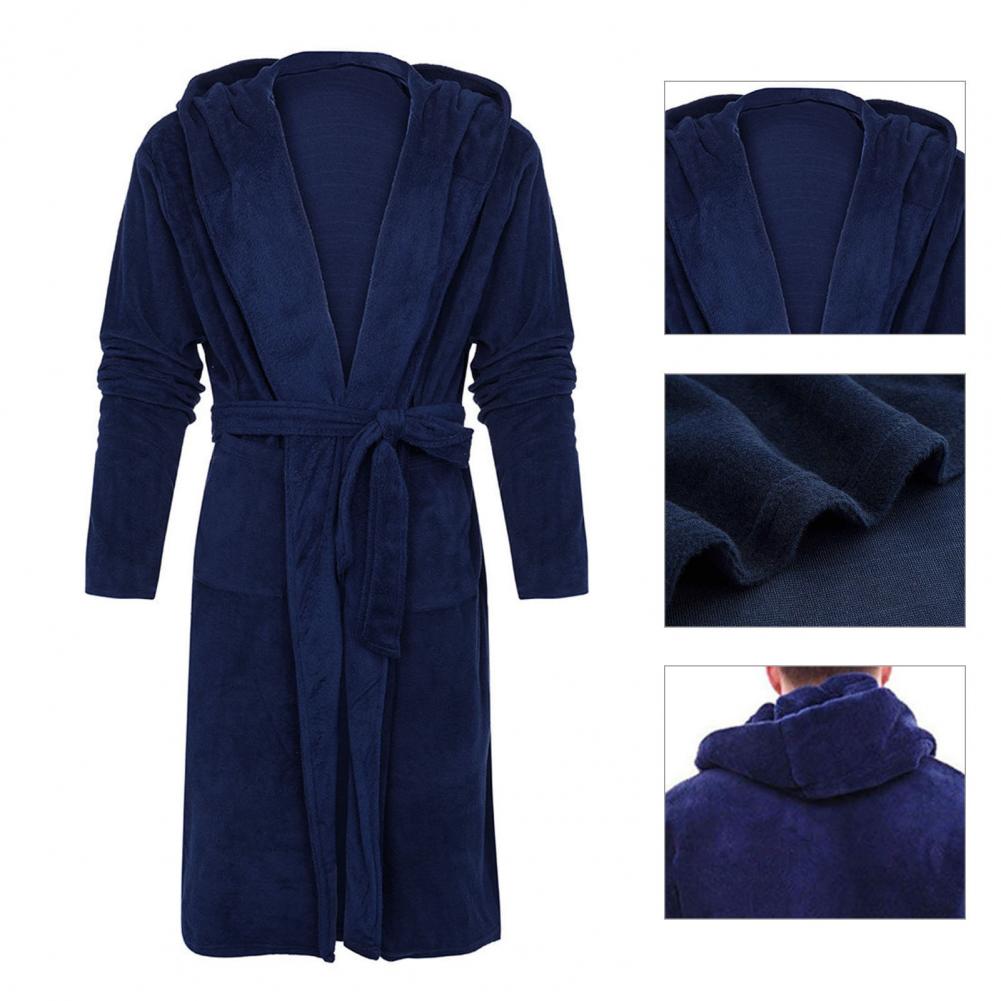 Bata de baño de franela con cinturón de Color liso, camisón cálido con bolsillos y capucha para hombre, bata de pijama larga y gruesa absorbente, ropa de baño para el hogar
