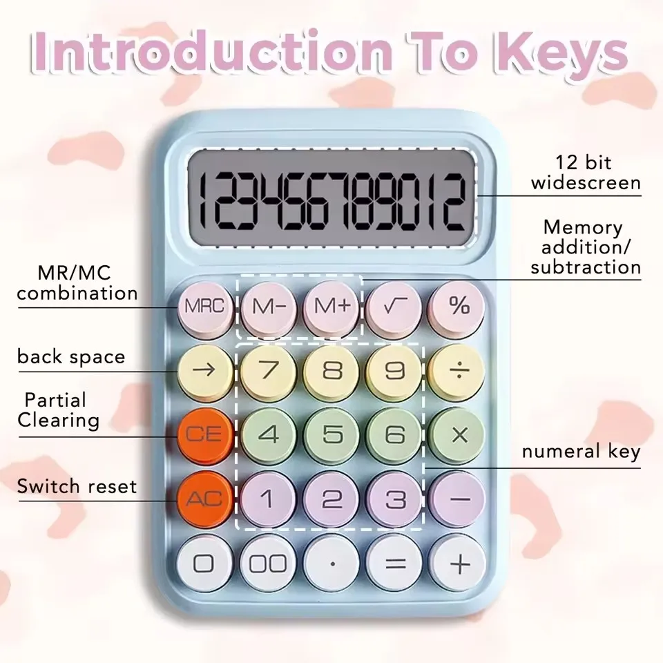 1pc teclado calculadora escritório calculadora mecânica de 12 dígitos bonito doce cor calculadora desktop papelaria